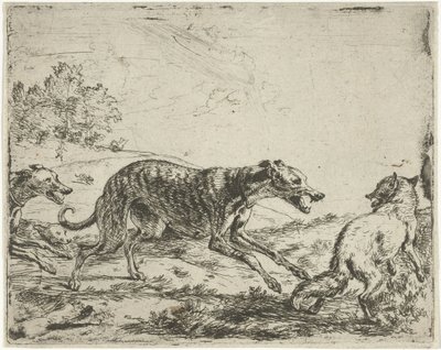 Vos en de drie honden door Abraham Danielsz. Hondius