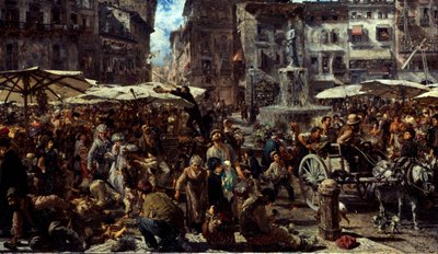 Piazza delle Erbe in Verona, 1884 door Adolph Menzel