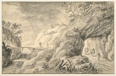 Rotsachtig landschap met weg door Adriaen I van Nieulandt