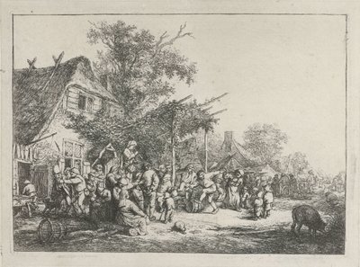 Dansende boeren voor een herberg door Adriaen van Ostade