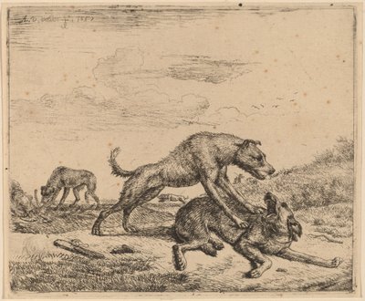 Vechtende honden door Adriaen van de Velde