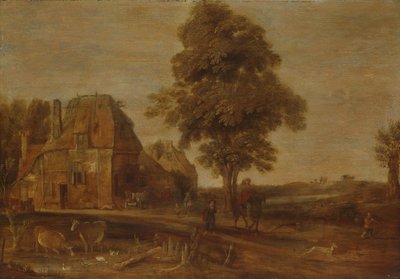 Landschap met een herberg door Aert van der Neer