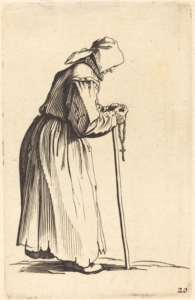 Bedelvrouw met Rozenkrans door After Jacques Callot