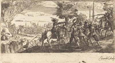 Landschap met gevechtsscène door After Jacques Callot