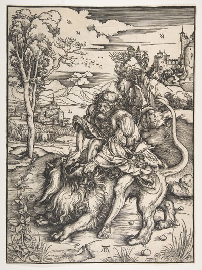 Simson verscheurt de leeuw, ca. 1497-98 door Albrecht Dürer