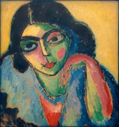 Zwart haar op gele achtergrond door Alexej von Jawlensky