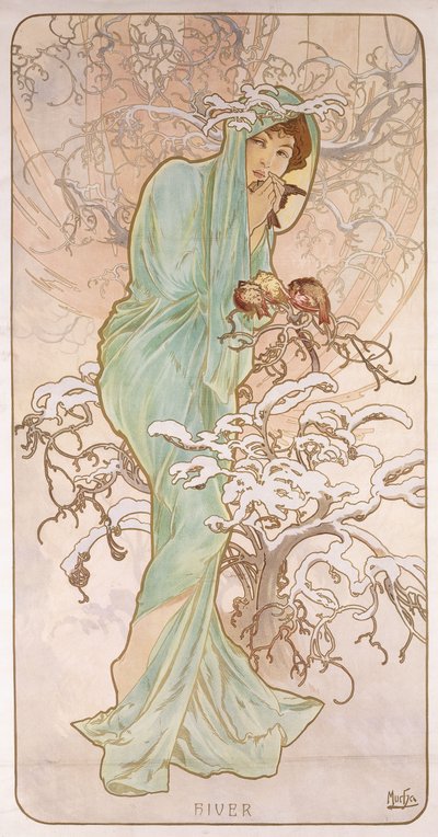 Winter; Hiver, ca. 1896 door Alphonse Mucha