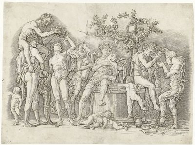 Bacchanaal met satyrs en bacchanten bij wijnpers door Andrea Mantegna