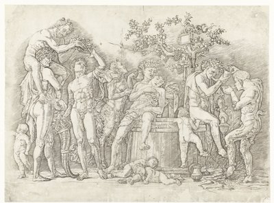 Bacchanaal met satyrs en bacchanten bij wijnpers door Andrea Mantegna