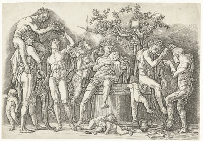 Bacchanaal met satyrs en bacchanten bij wijnpers door Andrea Mantegna