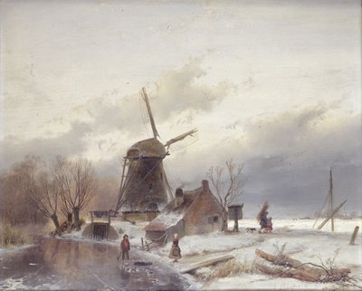 Een bevroren rivierlandschap met een windmolen door Andreas Schelfhout