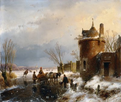 Een winters tafereel door Andreas Schelfhout