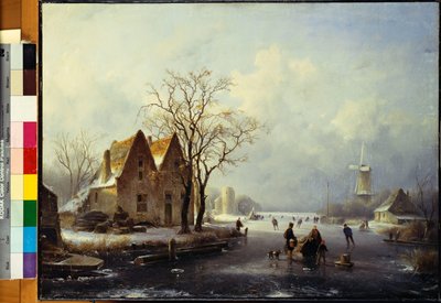 Schaatsers in een Bevroren Winterlandschap door Andreas Schelfhout