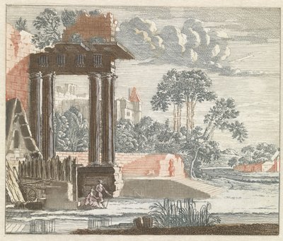 Landschap met klassieke ruïnes langs het water door Anonymous