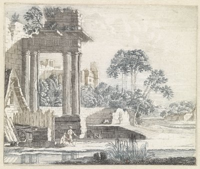 Landschap met klassieke ruïnes langs het water door Anonymous