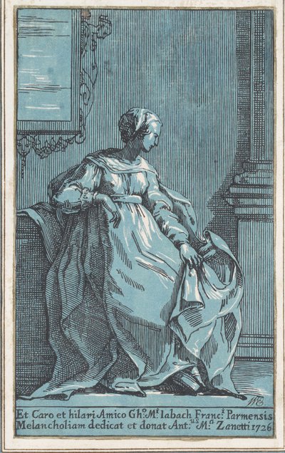 Vrouw zittend in kamer melancholie, 1726 door Anton Maria Zanetti