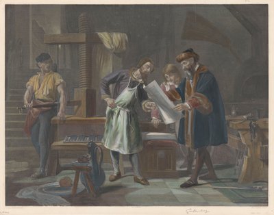 Interieur van de drukkerij van Johannes Gutenberg door Auguste Ledoux