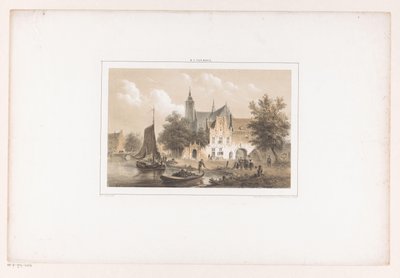 Stadsgezicht met rivier en kerk door Bartholomeus Johannes van Hove