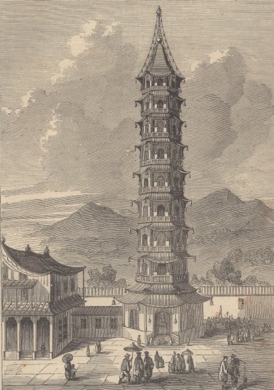 Porseleinen Toren van Nanjing (gravure) door British School