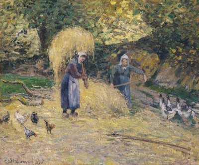 Boeren die Stro Heffen, Montfoucault, 1875 door Camille Jacob Pissarro