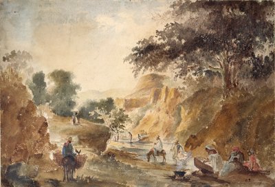 Landschap met figuren bij een rivier, 1853-1854 door Camille Pissarro