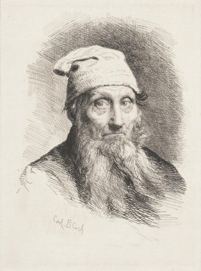 Een oude man met een muts. Buste door Carl Bloch