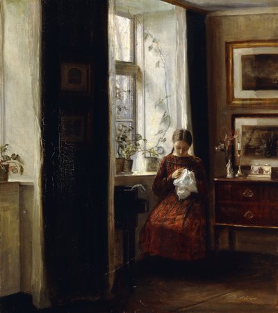 Een jong meisje dat naait door Carl Holsoe