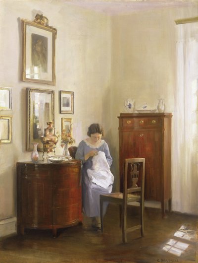 Interieur met Dame die Naait, c.1910 door Carl Holsoe