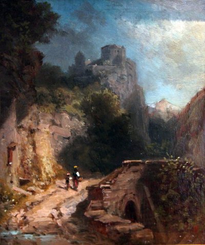 Berglandschap met brug en kasteel door Carl Spitzweg