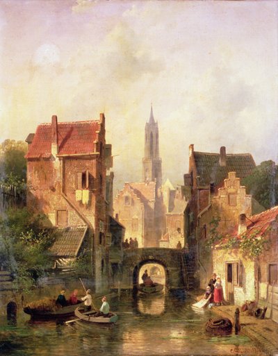 Een Nederlandse grachtscène, 1866 door Charles Henri Joseph Leickert