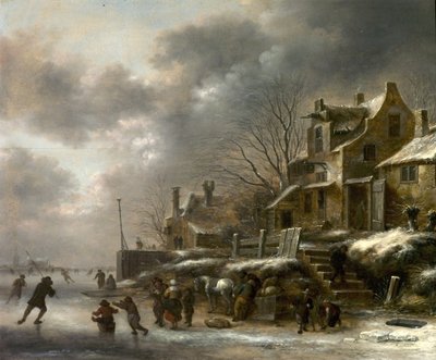 Winterscène, Rivier met Schaatsende Figuren, 1671 door Claes Molenaer