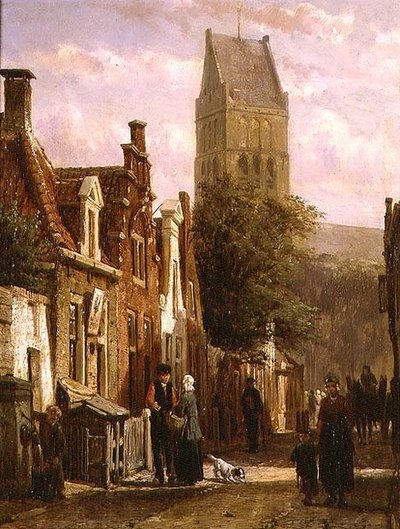 Straatscène in Bolsward door Cornelius Springer