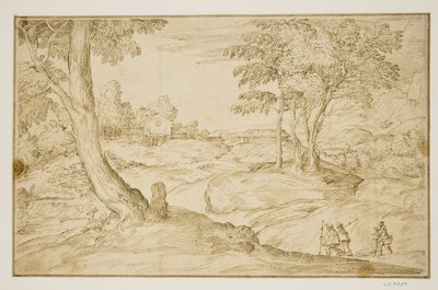 Landschap met pelgrims die een kerk naderen door Domenico Campagnola