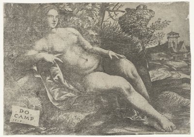 Liggende Venus in landschap door Domenico Campagnola