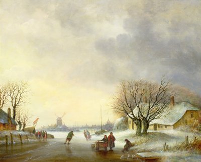 Winterscène met een windmolen door Dutch School