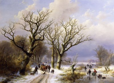 Een bebost winterlandschap met figuren, 1863 door E.J. Verboeckhoven