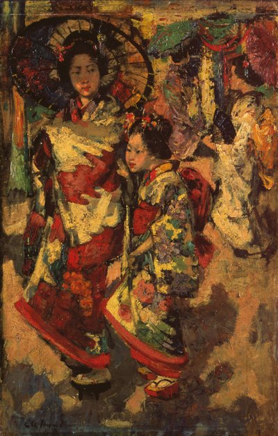 Twee geisha meisjes door Edward Atkinson Hornel