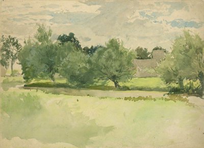 Landschap: Weide. Kerk op de achtergrond door Edwin Austin Abbey