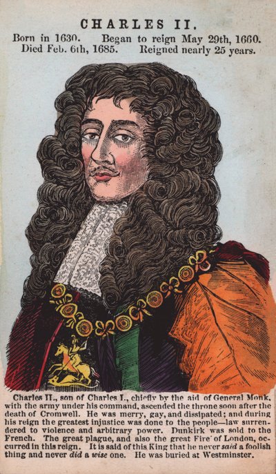 Koning Karel II (gekleurde gravure) door English School