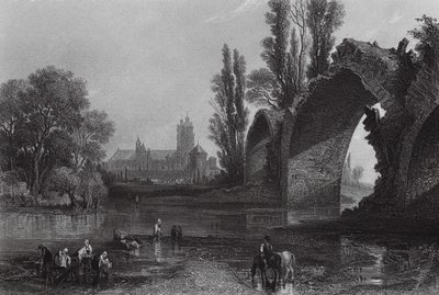 De gotische brug van Eudes, Tours (gravure) door English School