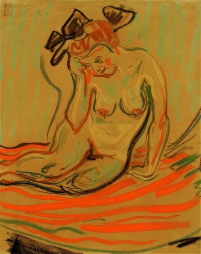 Hurkend vrouwelijk naakt met opgeheven arm door Ernst Ludwig Kirchner