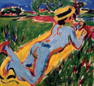 Liggende blauwe naakt met strohoed door Ernst Ludwig Kirchner