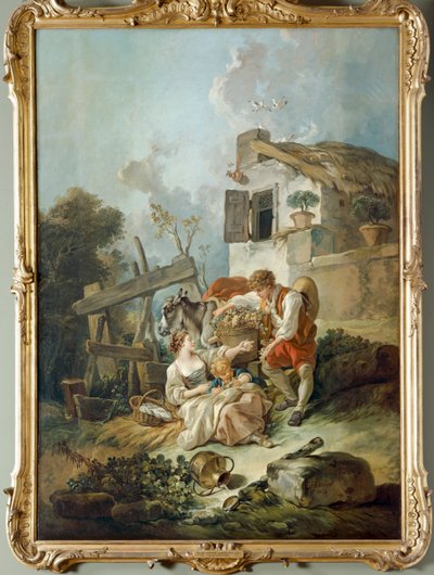 Een man die druiven aanbiedt aan een meisje door François Boucher