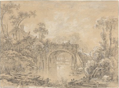 Landschap met een rustieke brug door François Boucher