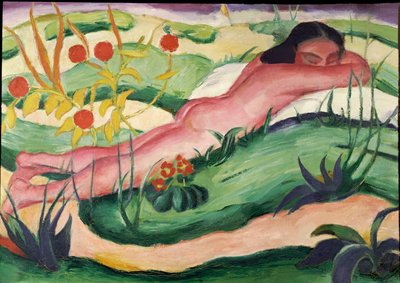 Naakt liggend in de bloemen, 1910 door Franz Marc