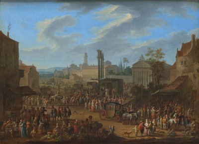 Jaarmarkt met tempel en meiboom door Franz de Paula Ferg