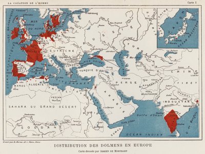 Verspreiding van Dolmens in Europa (kleur litho) door French School