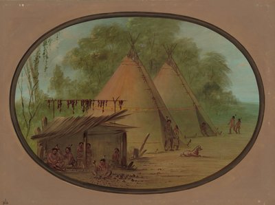 Het maken van vuurstenen pijlen - Apachees, 1855-1869 door George Catlin