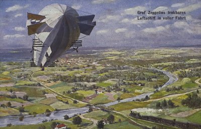 Luchtschip van graaf Ferdinand von Zeppelin in vlucht door German School