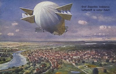 Luchtschip van graaf Ferdinand von Zeppelin in vlucht door German School